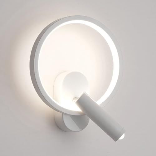 Ring Wall Light Adjustable Bedside Reading Wall Lamp 4000K LED Wall Sconce 350° Rotatable Headboard Spotlight Aluminum Wall Sconce Task Lighting for Desk/Bedsid(White,Medium)