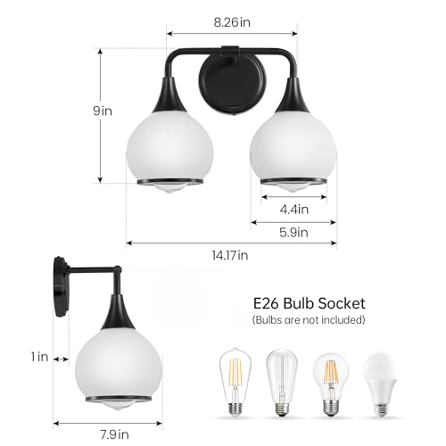 Image of Black Bathroom Light Fixtures 2 Lights Vanity Lights with Milky White Frosted Glass Shade Bathroom Vanity Light 14 inch Wall Sconce Lighting Bath(Exclude E26 Bulb)