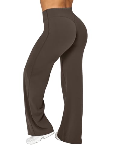 Ieumaz Women Straight Leggings Bottoms High Waist Gym Workout Leggings Stretch Casual Wide Leg Yoga Pants Dark Brown
