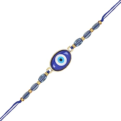 Image of I Jewels Hamsa Enamel Evil Eye Lumba Rakhi Set for Brother and Bhabhi with Roli Chawal and Rakshabandhan Card | Couple Rakhi