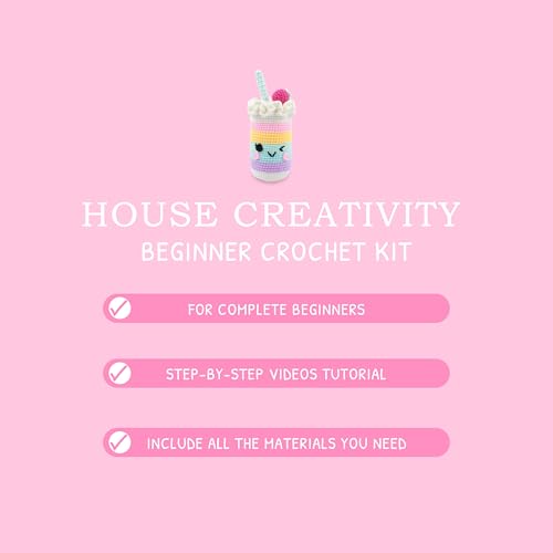 Image of HOUSE CREATIVITY Crochet Kit for Beginners, Make a Cup with Straw, Amigurumi Crochet Kit with Video Tutorial, Complete Set with Yarn, Hook & Stuffing, Cozy Stress Relief Gift for Adults & Kids