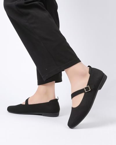 Women's Mary Jane Ballet Flats Square Toe Knit Ballerina Walking Dressy Office Slip-on Shoes with Strap 6