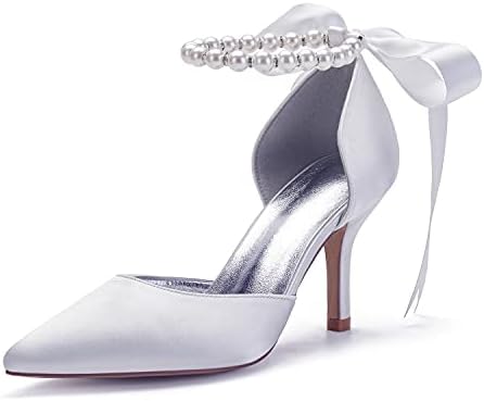 Women's Pearl White Wedding Shoes for Bride High Heels Pointed Toe Bridal Shoes Satin Prom Party Dress Pumps Sandals 602-1 Size 7