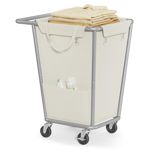SONGMICS Wäschekorb mit Rollen, Rollwäschekorb 130 Liter mit herausnehmbarem Beutel, stabiler Stahlrahmen, cremeweiß URLS008W01 – Ansicht 1
