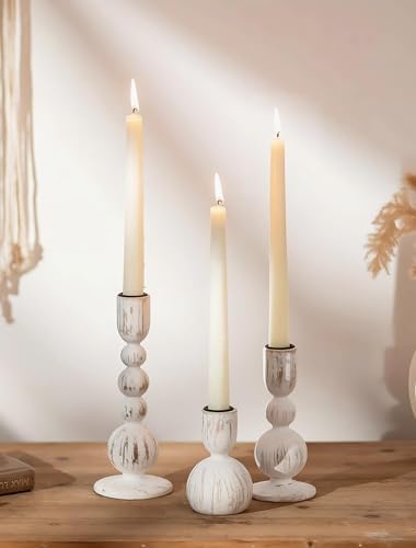 NUPTIO Wooden Taper Candle Holders, Set of 3 White Candlesticks |...