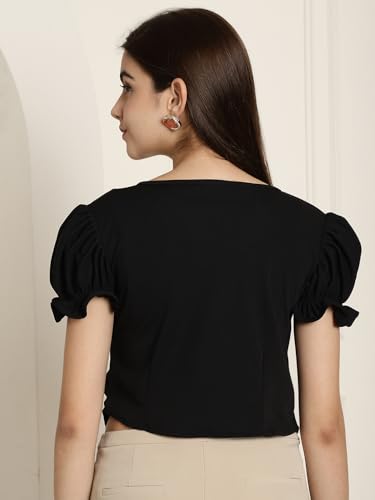 Image of Pinkmint Women Stylish T-Shirt l Short Balloon Sleeve Top's l V Neck Crop Top l Elegant Casual Tops for Girls (Pack of 1)