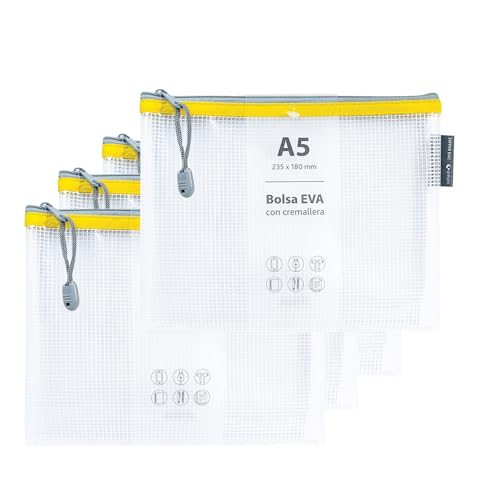 Grafoplas Pack de 4 Bolsas con Cremallera EVA a5, Hechas con Goma EVA Transparente, Cremallera Amarilla, Ideal para Transportar y Proteger Todo Tipo de Artículos, Documentos, Cosméticos o Puzzles