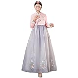 KUFEIUP Women's Korean Hanbok Dress Floral Embroidery Cosplay Costume (Pink&Grey, Medium)