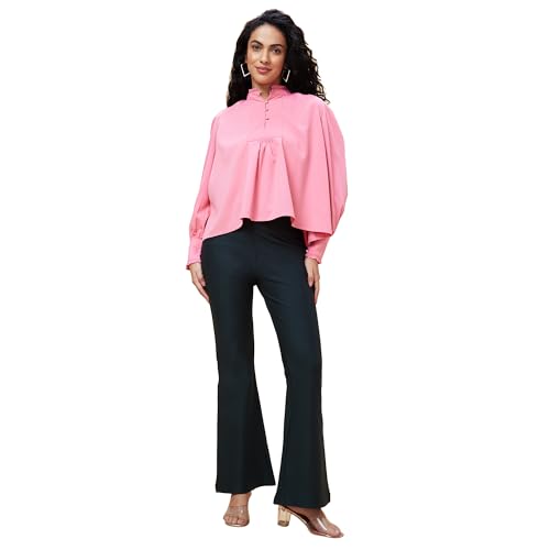 Image of Globus Women Black Solid High-Rise Slip-On Bootcut Tregging with Waist Tie Up-3639478001