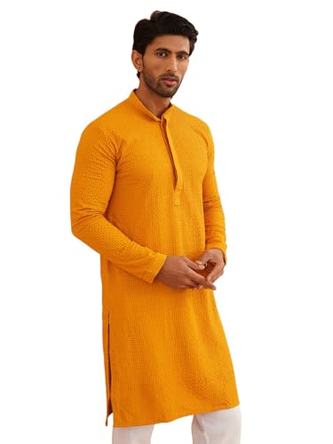 Image of SOJANYA Men's Cotton Checkered Thread Embroidered Long Kurta