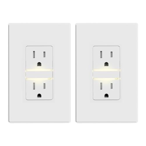 Image of ELEGRP Decorative Outlet Night Light, Electrical Wall Outlets with Built in Led Guidelight 3000K, Tamper Resistant Receptacle, 15 Amp 125 Volt, Plate Cover Included, Matte White, 2 Pack
