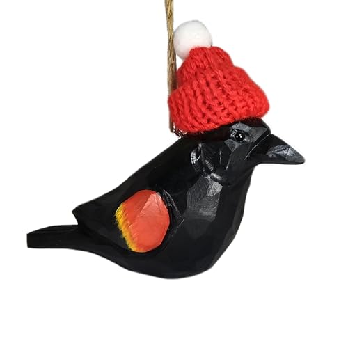 Wooden Red‑Winged Blackbird Christmas Ornament with Red Knit Hat, Hand‑Carved