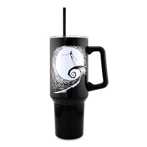 Image of Silver Buffalo Disney Nightmare Before Christmas by Tim Burton Jack Skellington Hill & Moon Drawing Double Walled Stainless Steel Tumbler with Handle and Straw, Fits in Standard Cup Holder, 40 Ounces
