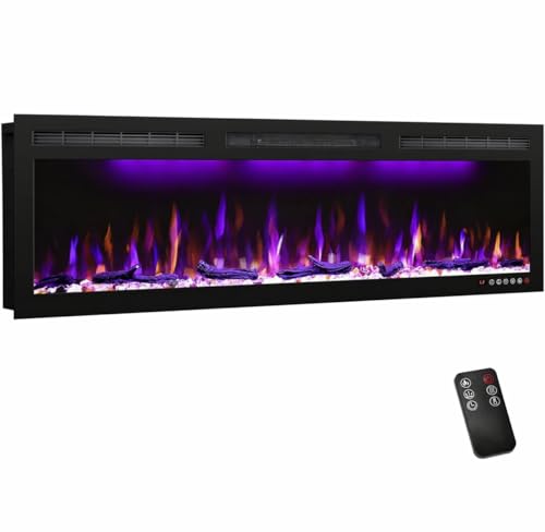 Image of 50-Inch Electric Fireplace, Recessed or Wall-Mounted Linear Heater, Ultra-Slim Frame, 1500W, 3 Flame Colors and 3 Top Lights, Log and Crystal Media, Remote, 1-9H Timer