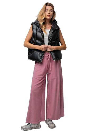 Easel Inside Out Mineral Washed Terry Knit Wide Leg Pants3