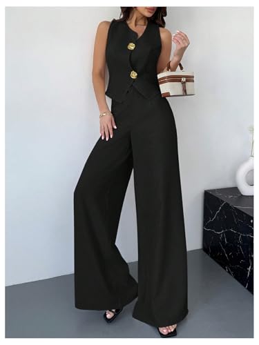 WDIRARA Women's 2 Piece Outfits Button Blazer Vest Wide Leg Pants Set Business Outfits2
