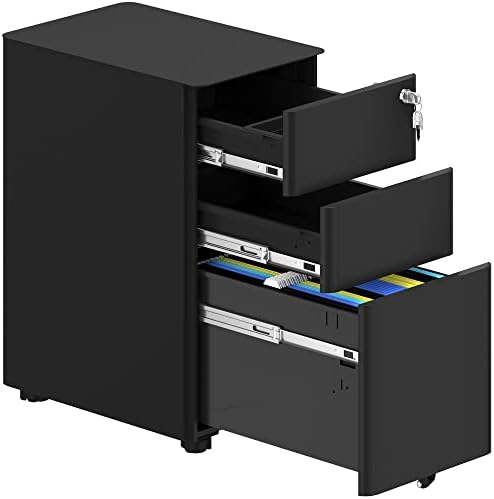YITAHOME Fully Assembled 3-Drawers Rolling File Cabinet - Lockable Drawers, Home Office Mobile Filing Cabinet with Wheel, Under Desk File Cabinets for Letter/Legal/A4 Size, Black, 45 x 30 x 61cm