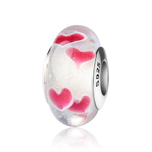 EVESCITY Real Murano & 925 Silver Handcrafted Art Colorful Glass Beads for Charm Bracelets Best Jewelry Gifts for Her Women (Red Hearts on White) Valentines Day Wife Mothers