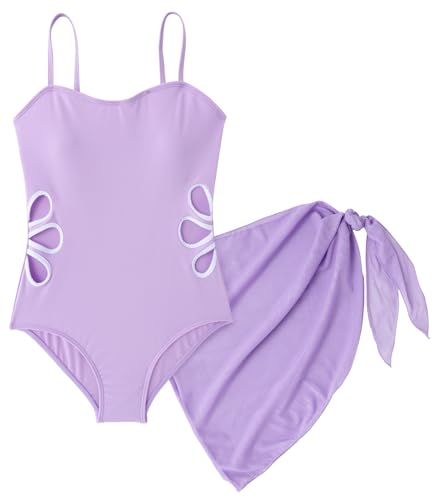 Image of SEAUR Girls Cut Out One Piece Swimsuit with Cover Up Skirt Bathing Suit Swimwear 7-16 Years