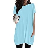 Damen Lang Shirt Rundhals Kurzarm Oberteil Einfarbig T-Shirt Tunika Loose Casual Kurzarmshirt mit Tasche Elegant Pullover Sweatshirt Lässig Tops Rundkragen Oversize Longshirt