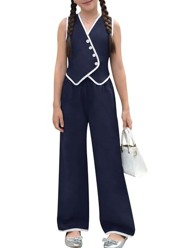 LuxyBear Girls Two Piece Vest Pant Set Viscose Blend Contrast Piping Dressy Suit 7-14Y Blue 9-10 Years