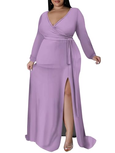 Image of PinkPatty Women's Plus Size Long Sleeve Maxi Dress Casual V Neck Slit Tie Waist Wrap Dresses for Party Cocktail