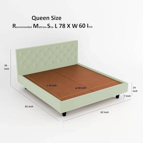 Image of Wooden Modern Upholstered Queen Size Bed for Bedroom | Wooden Double Bed Without Storage | Platform Cot Upholstered Bed with Upholstery Fabric | Engineered Wood | 6.5 x 5 Ft | Light Green