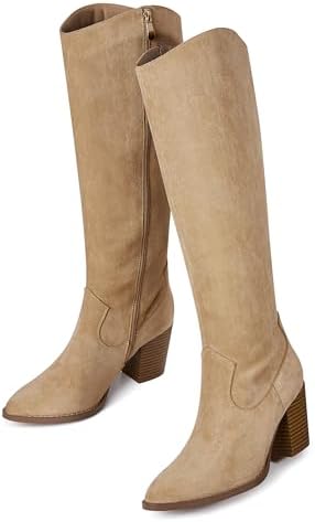 MeiLuSi Womens Knee High Boots Pointed Toe Suede Boots Chunky Hee...