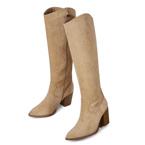 MeiLuSi Womens Knee High Boots Pointed Toe Suede Boots Chunky Hee...