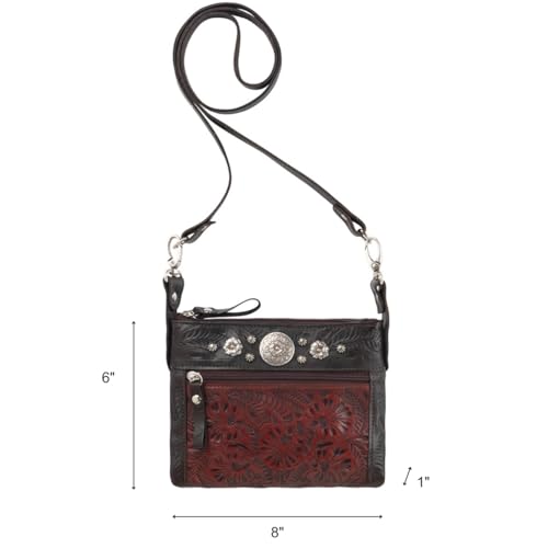 Image of American West Hand Tooled Genuine Leather Crossbody /Hip Bag Detachable Strap for Women /Girls /Teens Trail Rider Collection | Hooks to beltloops