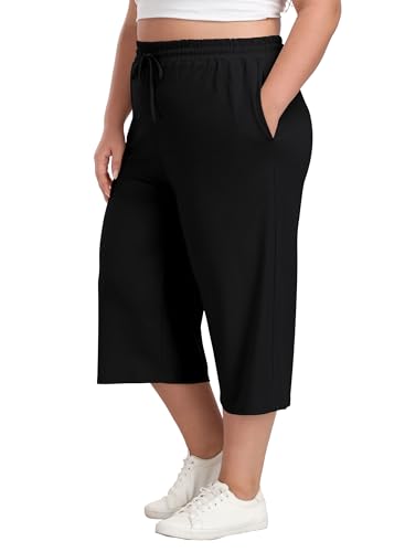 Cheapestbuy Women's Plus Size Capris Wide Leg Crop Casual Pants Comfy Summer Pants with Pockets Drawstring2