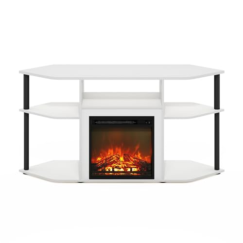 Image of Furinno Jensen Fireplace TV Stand, Corner Entertainment Center, TV Console for TV up to 55 Inch with Fireplace, Plastic Poles and Open Storage, for Living Room, Bedroom, Solid White