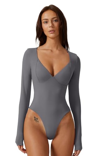Image of QINSEN Women's Long Sleeve Bodysuit V Neck Body Suits Seamed Cup Going Out Tops Shirt
