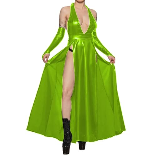 ERFSQIYALHJ Frauen Sexy Halter High Split Slim Maxi Kleid Club Party Robe PU Leder Langes Kleid (Fluoreszierendes Grün,3XL)