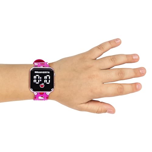 hello kitty led digital watch for kids  light up display pink silicone strap with apple print adjustable for wrist size 5534 to 834 easy touch activation official sanrio girls watch