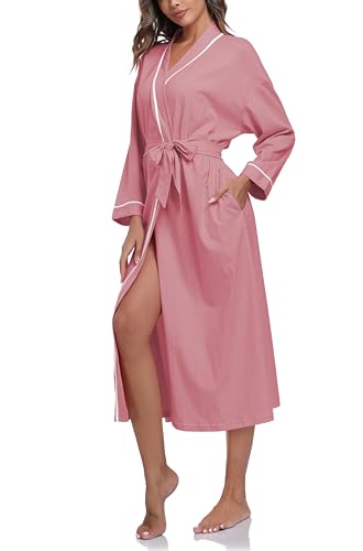 COLORFULLEAF Women's 100% Cotton Robes Lightweight Kimono Long Soft Bathrobe for Women with Pockets