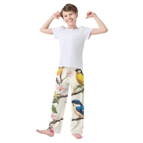 Bird Peach Flowers Boys Long Pants Soft Trousers Elastic Waist Kids Lounge Bottoms with Pockets S-XL2