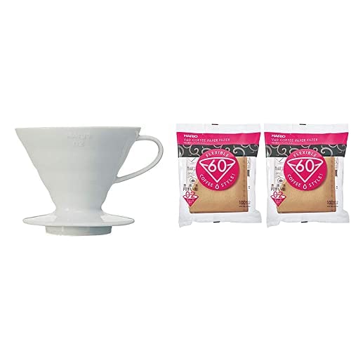 Hario V60 Ceramic Coffee Dripper Pour Over Cone Coffee Maker Size 02, White & V60 Paper Coffee Filters, Size 02, Natural, 200 Count #TOP21