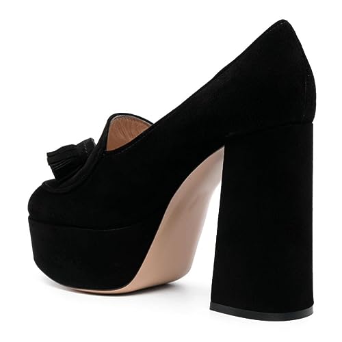 YDN Women Dressy Tassel Loafers Round Closed Toe Slip On Pumps Platform Chunky High Heels Shoes Business Daily Size 4-15 US4