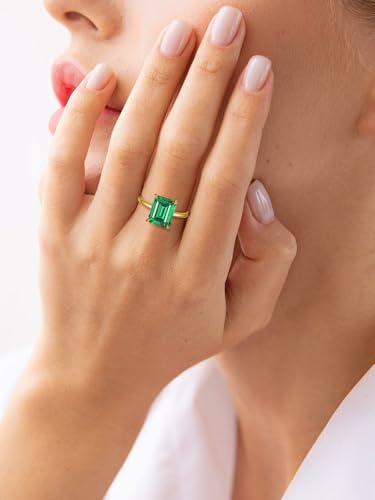 4ct 925 Sterling Silver Emerald-Cut Engagement Ring Simulated Emerald Solitaire Cubic Zirconia Wedding Ring Customizable Birthstone Rings for Mothers Valentines Thanksgiving Day Size 5-104