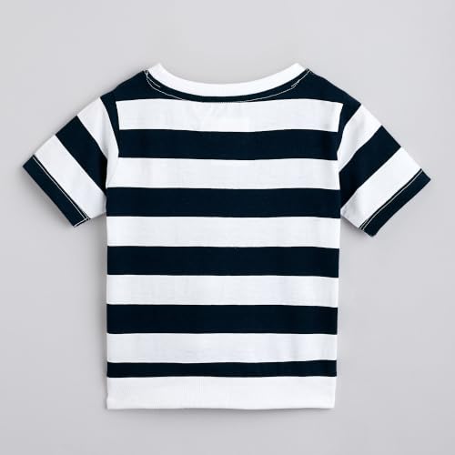 Image of Hopscotch Boys Cotton Stripes Bear Print Half Sleeves T-shirt and Joggers Set In Multi Color