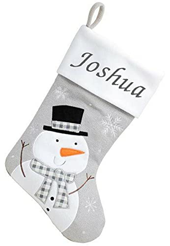 Image of Kids Essentials Personalised Boys Girls Christmas Stocking Xmas Embroidered Novelty Stocking (Grey - Knitted Snowman), 40cm x 25cm.