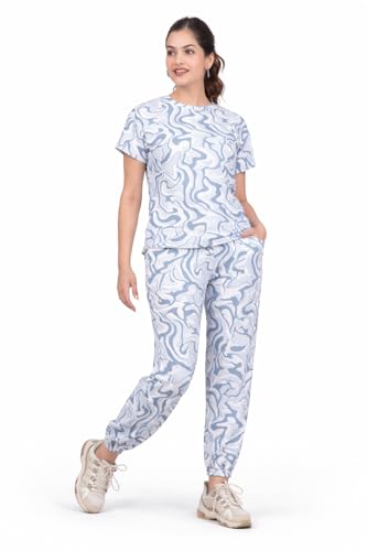 Image of Women Printed T-Shirt and Track Pant Set | Cotton Co-Ord Night Suit for Women | Lounge Wear, Sleepwear, Gym Wear | Half Sleeve Top & Elastic Waist Joggers | Stylish