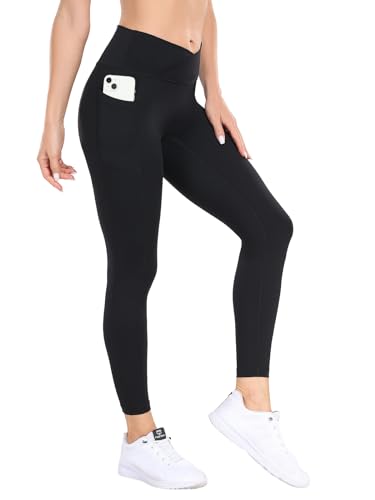 VitalMoved Workout Leggings for Women Butter Soft Black Leggings with Pockets Crossover Butt Lifting Legging for Women Running Gym Yoga No Front Seam Scrunch Butt Legging Size S