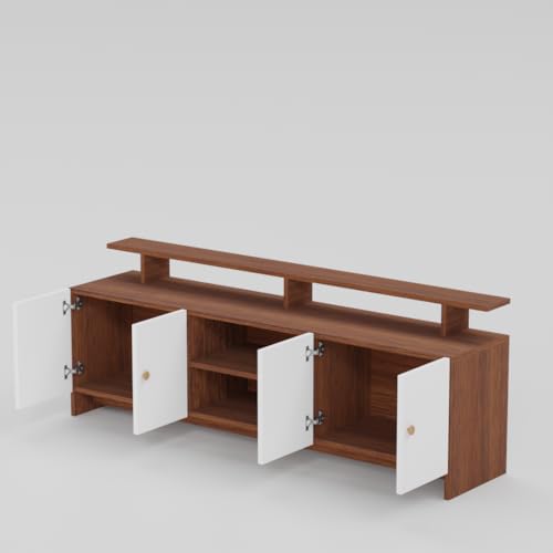 Image of Modern TV Unit for Living Room | Wooden TV Cabinet with Open Shelf & Storage | Entertainment Unit | Assembly-DIY | Color-Cherry Pine & White