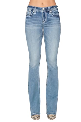Miss Me Women's Mid-Rise Bootcut Jeans, Metallic Silver and Blue Dreamcatcher, Stretch Denim