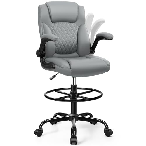 Drafting Chair,Tall Office Chair for Standing Desk, High Executive Leather Ergonomic Computer Chair with Adjustable Height and Flip-Up Armrest for Counter Height Desk Grey