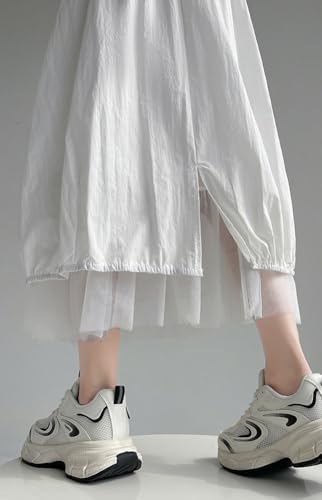 chouyatou Women's Y2k Baggy Parachute Skirt Casual Elastic Waist Mesh Spliced Bubble Puffy Long Skirt with Pockets4