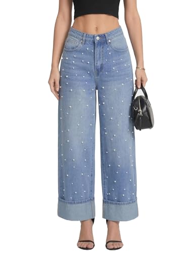 YEXPINE Women's Pearl Embellished Jeans High Rise Wide Leg Cuffed Hem Demin Pants Blue