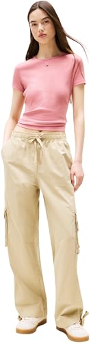 Tommy Jeans Damen T-Shirt Kurzarm Essential Rib Slim Fit, Rosa (Tahiti Berry), XXL 2
